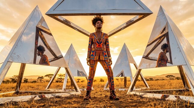Fashionable African Woman Standing Amidst Geometric Mirror Sculptures