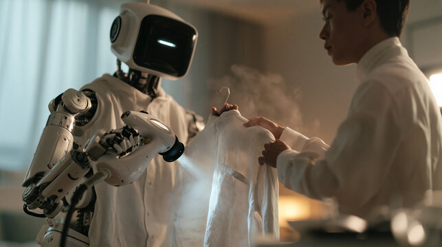 Domestic Robot Assisting Young Man with Steaming Clothes