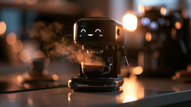 Smart AI Espresso Machine Brewing Fresh Steaming Coffee