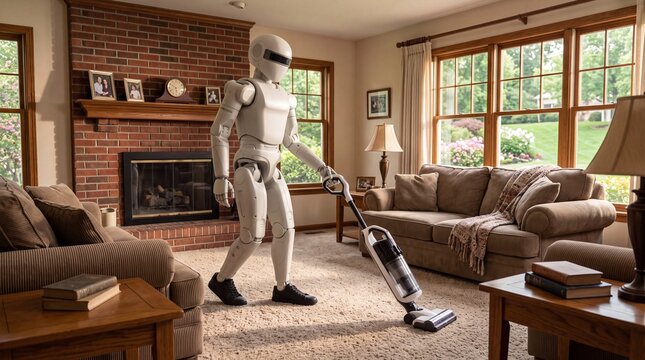 Humanoid Robot Vacuuming Carpet in Modern Living Room