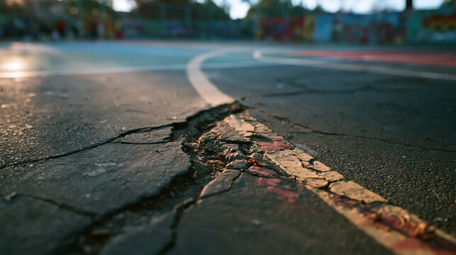 Cracked Asphalt on Outdoor Basketball Court