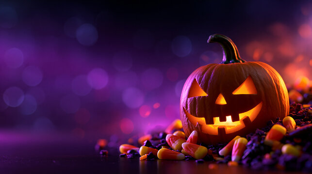 Glowing Halloween Pumpkin with Candy Corn on Purple Background