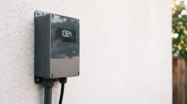 Smart utility meter mounted on a residential exterior wall for energy consumption monitoring.