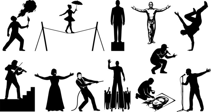 Street Performer Busker Action Black Silhouette Set Fire Breather Tightrope Walker Human Statue Living Art Break Dancer Beatboxer Violinist Busker Opera Singer Mime Artist Stilt Walker Sand Artist Vec