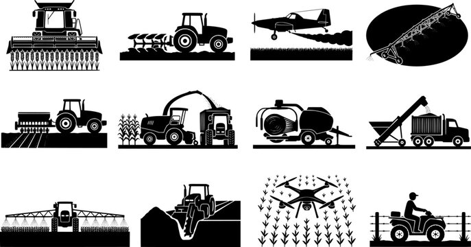Agricultural Farming Machinery Field Operation Black Silhouette Set Combine Harvester Wheat Tractor Plow Crop Duster Plane Irrigation Pivot Seed Drill Silage Chopper Bale Wrapper Grain Auger Sprayer D