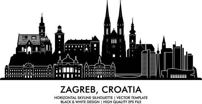 Zagreb skyline horizontal banner. Black and white silhouette of Zagreb, Croatia. Vector template for your design. 
