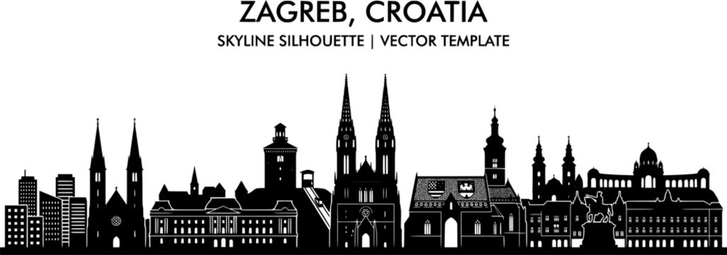 Zagreb skyline horizontal banner. Black and white silhouette of Zagreb, Croatia. Vector template for your design. 
