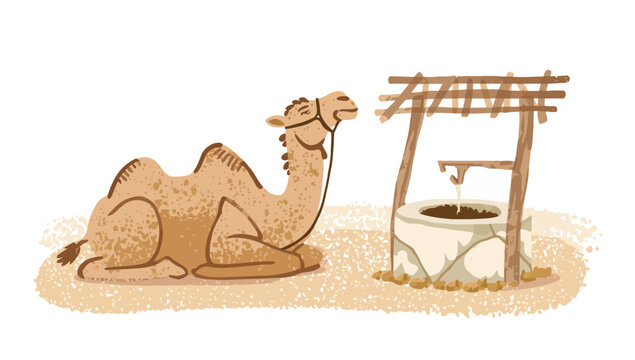 A stylized hand drawn illustration of a brown camel resting on the sand, isolated on a white background for creative design and travel projects.
