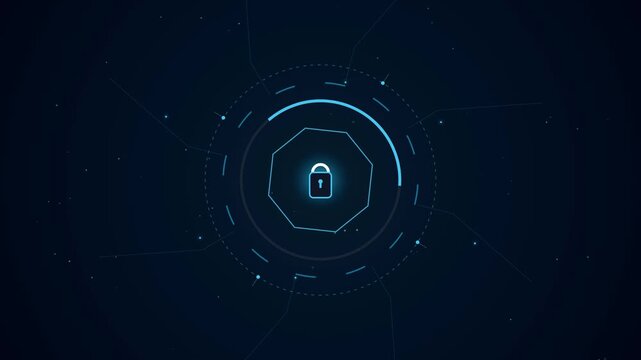 Digital security interface with glowing blue padlock icon motion graphics
