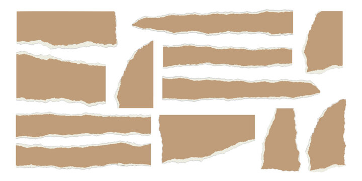 Torn paper edges with realistic ripped texture. White sheet fragments, vector scrap pieces perfect for scrapbook frames, notebook pages, and creative design projects.