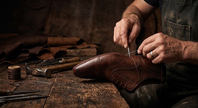 Artisan Cobbler Hands Stitching Bespoke Leather Shoe with Waxed Thread