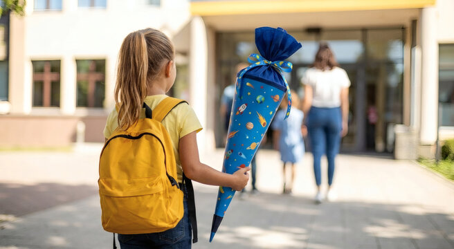M&auml;dchen von hinten mit gelbem Schulrucksack und gro&szlig;er blauer Schult&uuml;te vor Grundschule, Erwachsene und Kind am Schuleingang