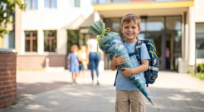 L&auml;chelnder Junge mit gro&szlig;er blau-gr&uuml;ner Schult&uuml;te und Schulranzen vor Grundschule, Schulkinder im Hintergrund und Copyspace links