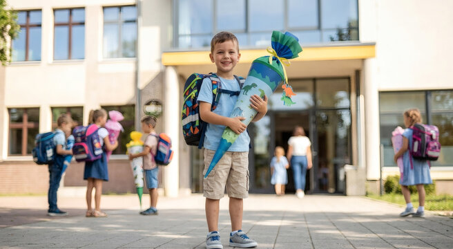 Junge mit Schult&uuml;te und Schulranzen vor Grundschule &ndash; Einschulung, Schulanfang, erster Schultag, erste Klasse