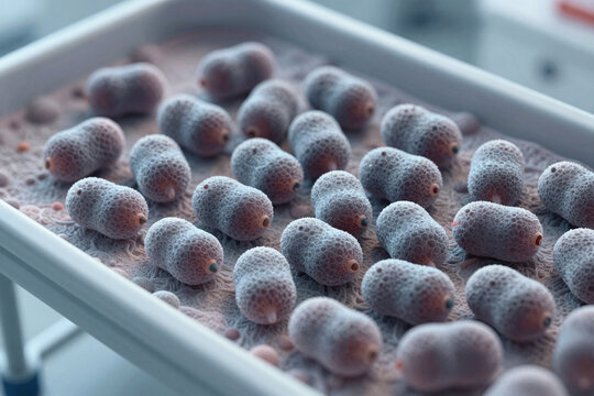 Close-up view of clusters of fish eggs developing in a laboratory setting