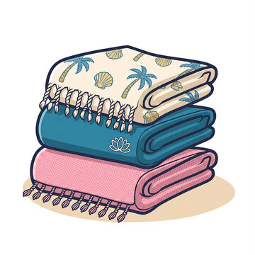 Stack of folded beach towels with fringe isolated on white background vector illustration