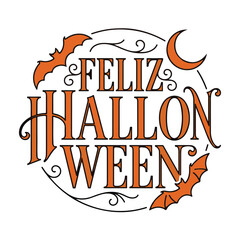 Vintage Hola Halloween Typographic Design with Bats and Moon. Spooky Fiesta Celebration Badge with Traditional Spanish Text. Orange Retro Label for Spooky Events, Parties © Mst