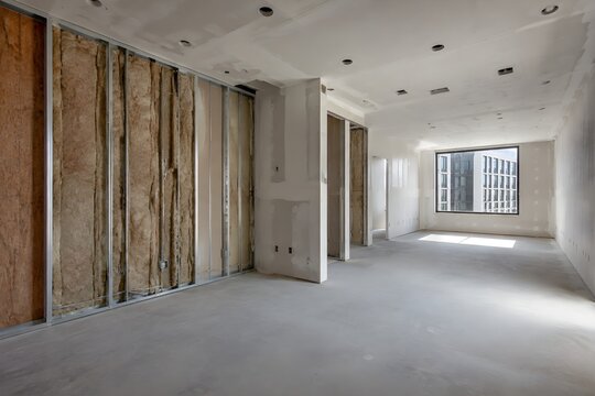 Hotel Room Construction with Partially Completed Drywall Partitions Exposed Insulation and Natural Light Through Interior