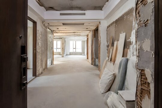Hotel Room Demolition Construction with Exposed Wall Layers Unfinished Ceiling Empty Interior and Stacked Materials