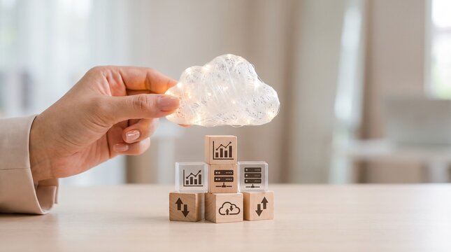Businesswoman holding glowing cloud icon over wooden blocks with data symbols representing cloud computing