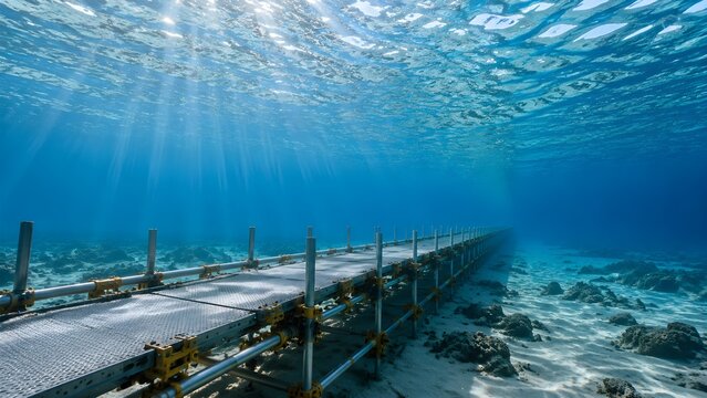 Undersea Walkway Construction Beneath Glassy Ocean Surface with Pristine Visibility and Modular Engineered Infrastructure Design