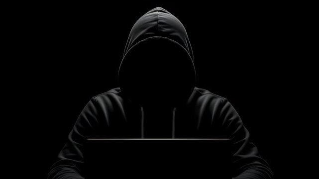 Anonymous hacker in a black hoodie working intently on a laptop computer screen in a dark room environment representing cyber security threats and digital crime activities for companies.