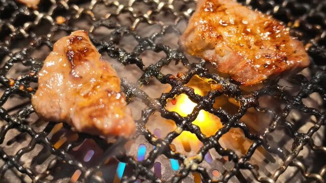 網の上で焼かれる味付けされた牛上ミノ（ホルモン焼肉）マクロ撮影