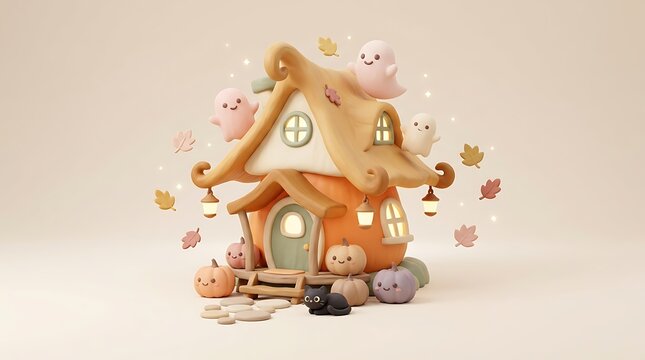Charming halloween house with pumpkins ghosts and autumn leaves in a 3d rendering
