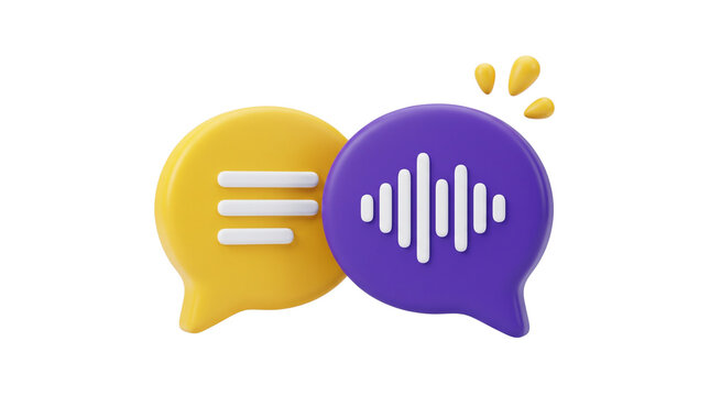 Two speech bubbles colored yellow and purple featuring text and audio waveform icons for digital communication and instant messaging interfaces design.