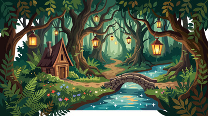 Obraz premium Enchanted Fairy Tale Forest with Charming Wooden Cottage Glowing Lanterns Stone Bridge and Magical Stream, Watercolor Inspired Vector Landscape