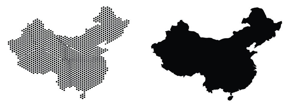 China map vector illustration dotted silhouette outline template country border design black white halftone pattern icon set