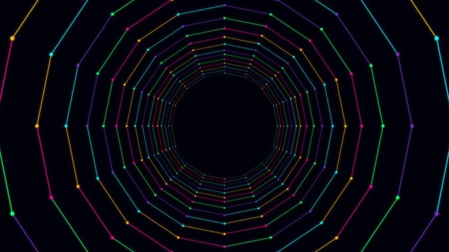 Colorful geometric spiral pattern with glowing lines in dark space