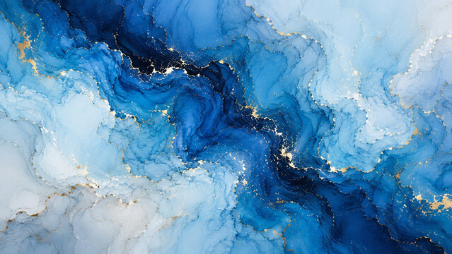 Fond abstrait en marbrures fluides bleues et dor&eacute;es