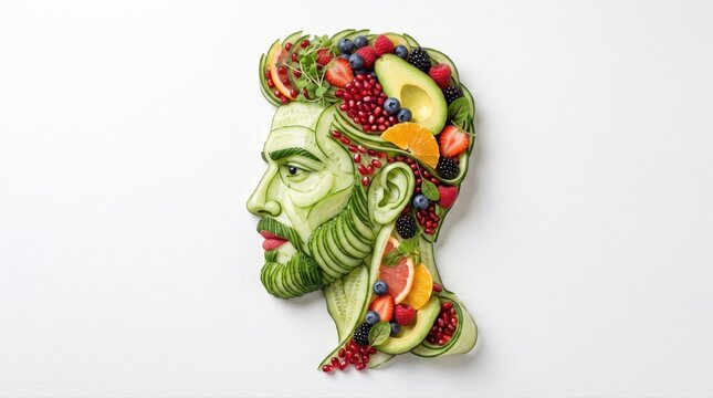 A detailed man's profile is intricately crafted from fresh cucumbers, berries, and citrus. This artistic composition symbolizes optimal brain health, mindful nutrition