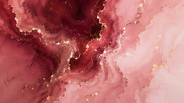 Fond abstrait en marbre fluide rose et bordeaux dor&eacute;