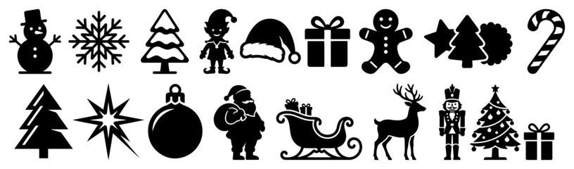 Fototapeta na wymiar Christmas holiday symbols and winter season icons featuring Santa Claus and reindeer in black silhouette style