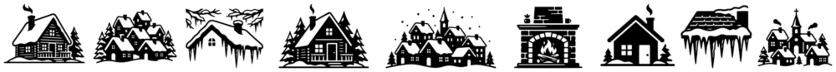 Obraz premium Winter village houses and snowy cabin silhouettes set in minimalist black style