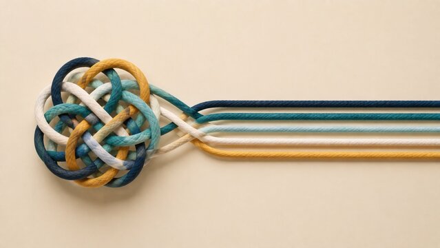 Complex Celtic Knot Made of Colorful Ropes on Beige Background