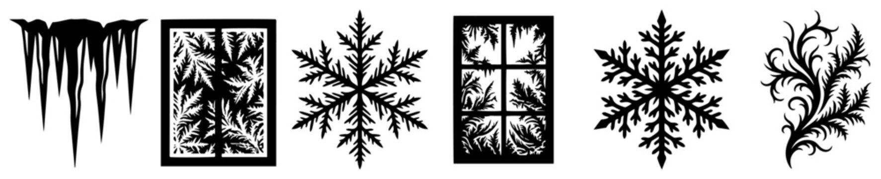 Winter frost patterns and icicle silhouettes with snowy window panes in minimalist style