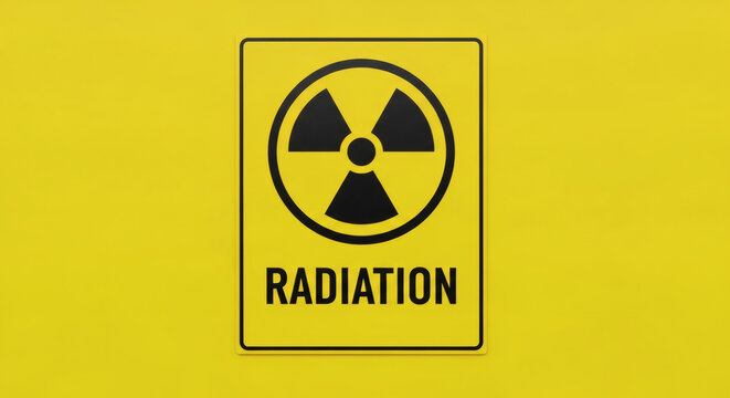 Radiation warning sign with black nuclear symbol on a bright yellow background representing danger and hazardous material safety protocols