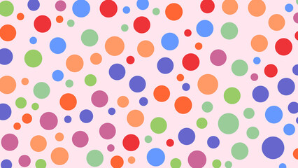 Colorful polka dot pattern featuring scattered circles of various sizes in red blue orange green and purple on a soft pale pink background for playful children party designs and wraps © Sumon