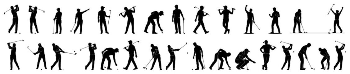 Naklejka premium Golf players silhouettes set featuring men and women in various tournament action poses
