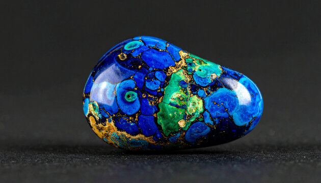 Polished azurite malachite gemstone cabochon isolated on dark background, copy space.