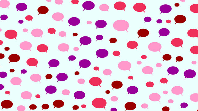 Modern communication concept pattern with scattered speech bubbles in various shades of pink red and purple on a light blue background for social media marketing and digital connectivity