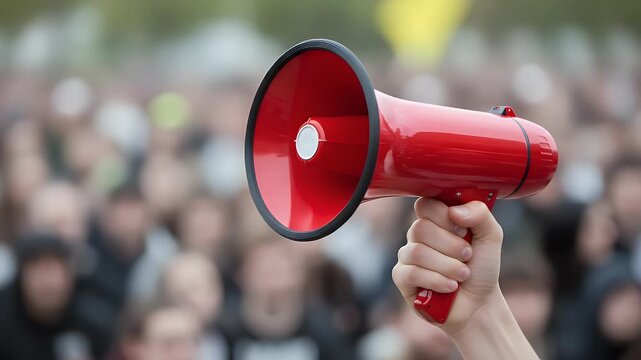 A bright red megaphone held up by a person's hand in front of a blurred crowd of people during an outdoor event or protest.