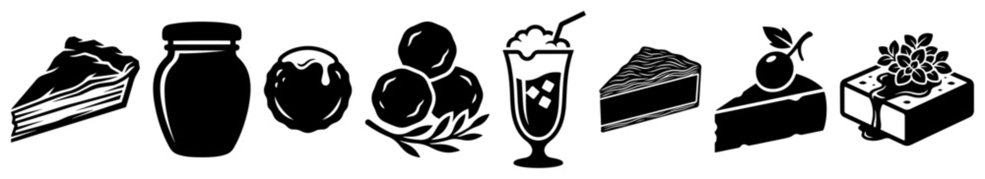 Greek traditional desserts and Mediterranean food icons in black silhouette style