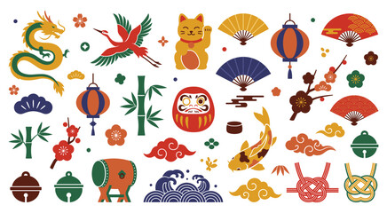 Naklejka premium Japanese traditional cultural symbols and lucky charms collection.