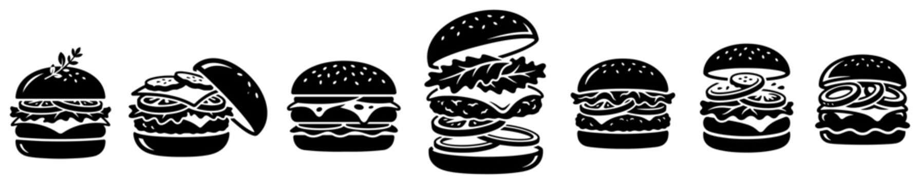 Tasty burger and hamburger icons set with various meat layers and ingredients in black silhouette style