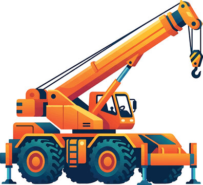 A vibrant vector illustration of a heavy duty orange mobile construction crane isolated on white background.