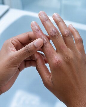 Close-up of dark-skinned hands examining red irritated patches across the fingers and knuckles. Dry skin, itching, dermatitis symptoms, inflammation, eczema care and dermatology concept.